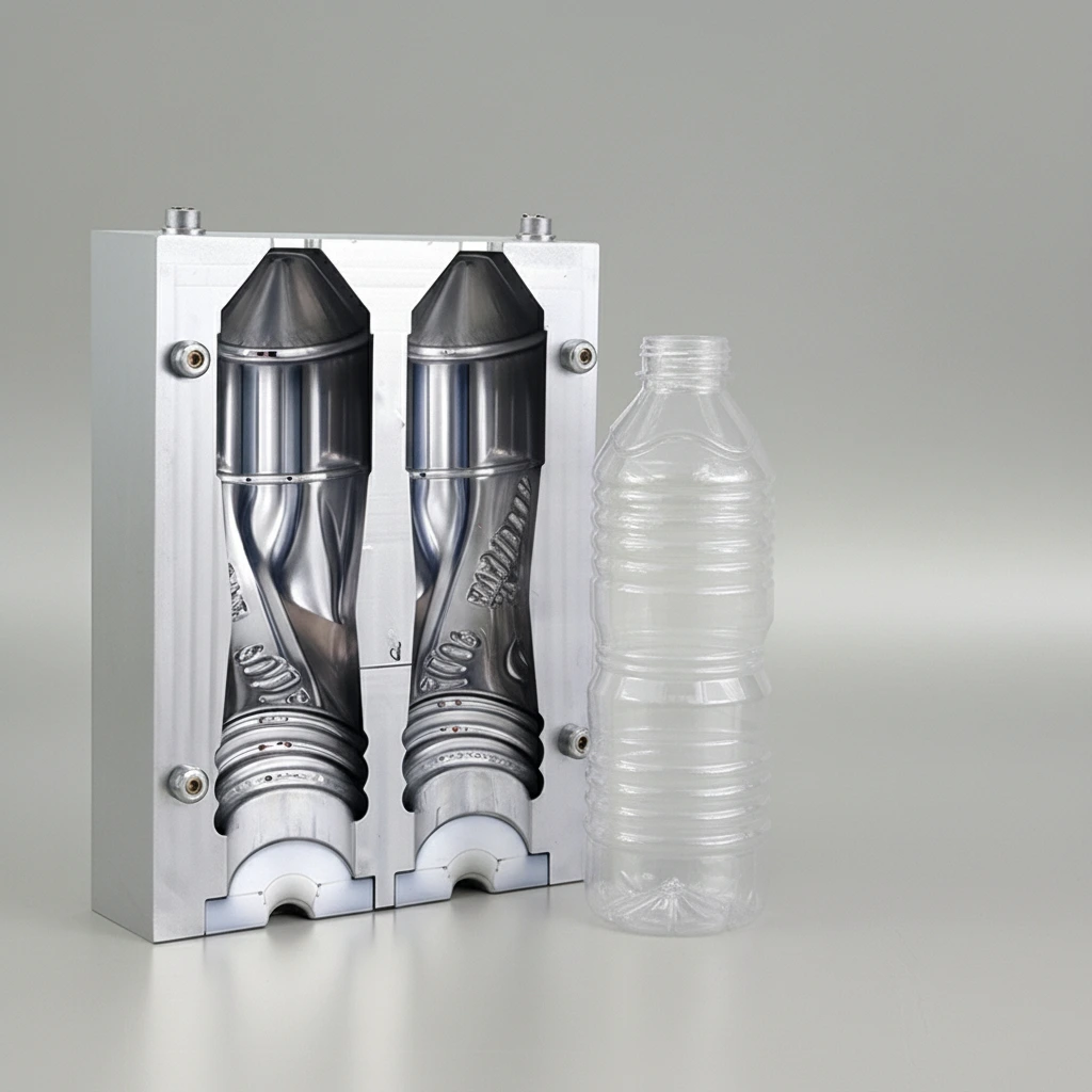 Molde fabricado para máquina de soplado con su botella.
